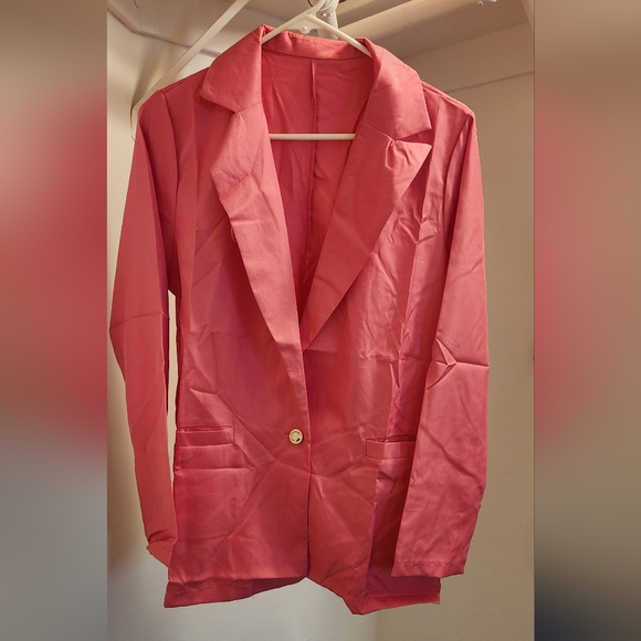 Womens Pink Solid Turn Down Collar Jacket Long Sleeve Coat Outerwear Blazer - Picture 3 of 4